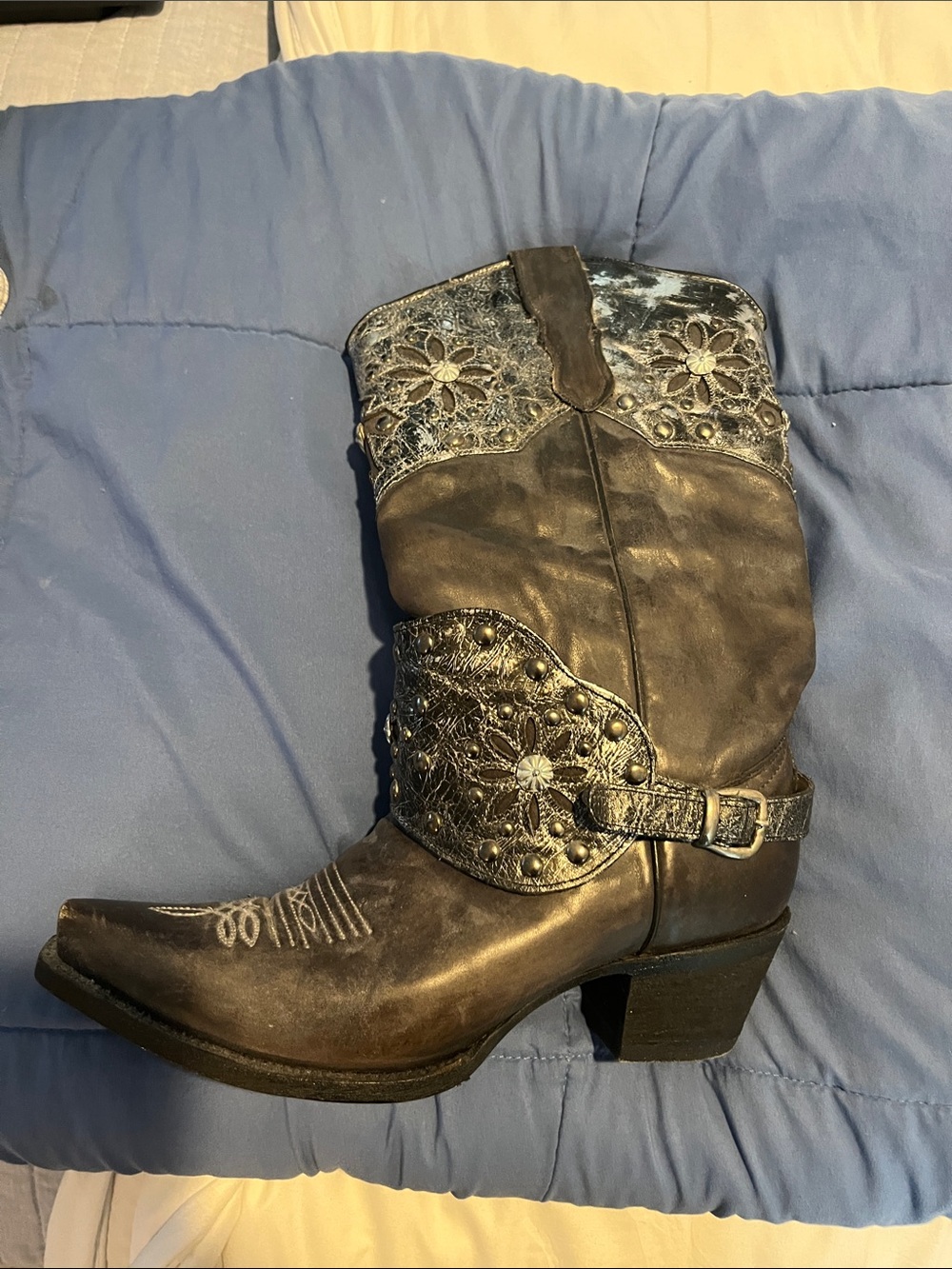 Women's Embroidered Metallic Black Western Boot with Decorative Harness